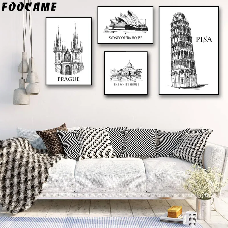 

Architecture Torre di Pisa Prague Castle The White House Posters and Prints Art Canvas Painting Home Decor Wall For Living Room