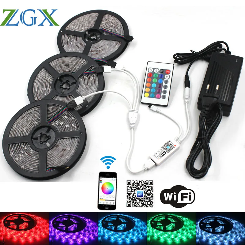

ZGX Wifi Controller RGB LED Strip 5050 ip 20 Waterproof Decor Flexible 30leds/m led tape diode string DC 12V Power adapter set