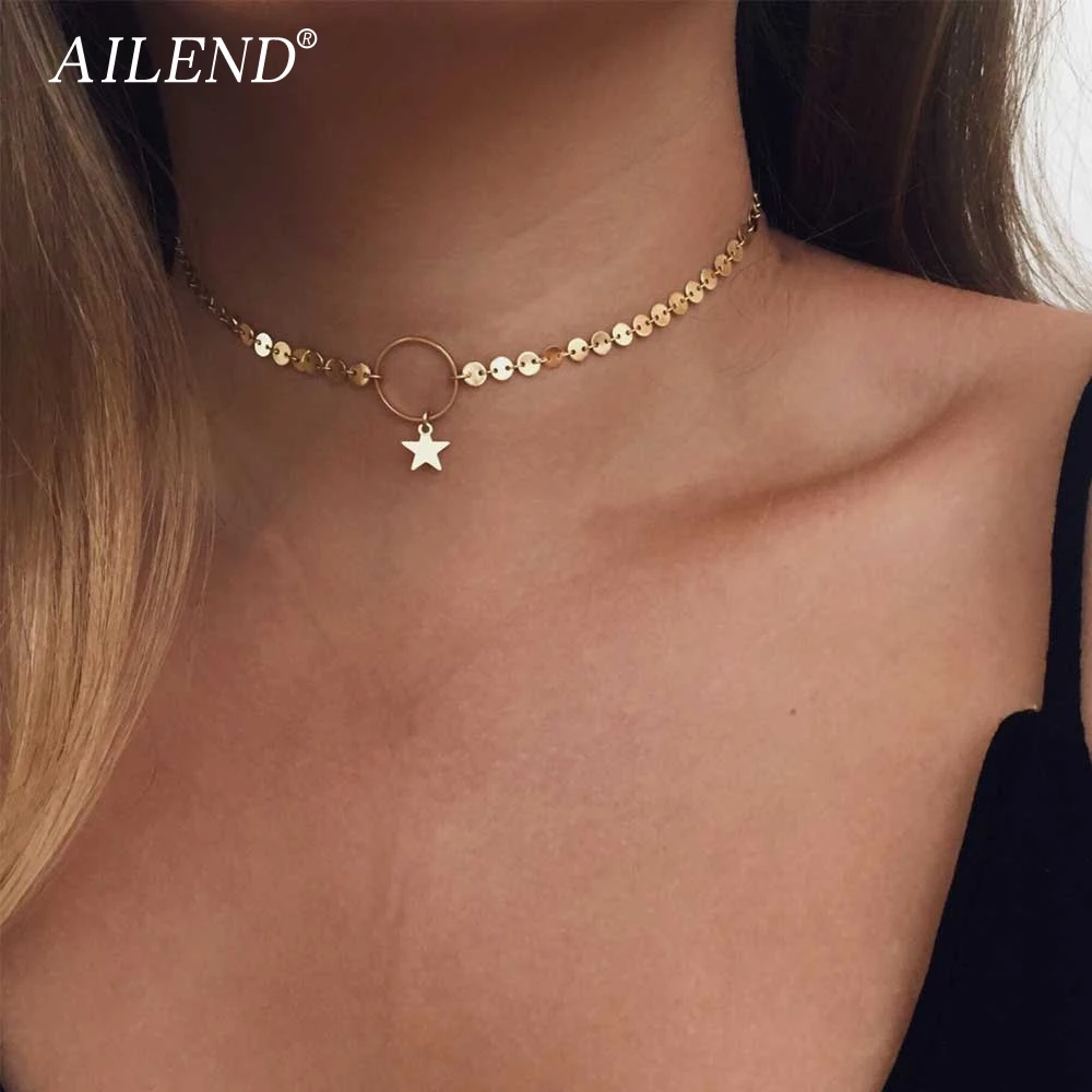 

AILEND 2018 New Fashion Gold Star Choker Necklace Delicate Trendy Necklace women Gold coin necklace Gift