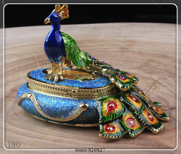 Round Male Peacock Figurine Box Czech Crystals Bird Jewelry, Trinket Keepsake or Pill Box FIGURINE  Peacock Box Enamel