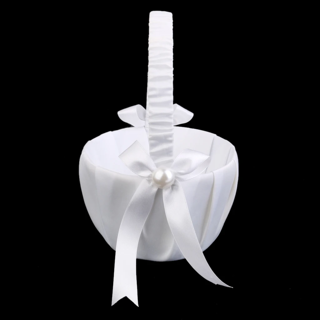 MagiDeal White Satin Pearl Flower Basket Flower Embellishment Girl Scattering Basket for Wedding Ceremony Party
