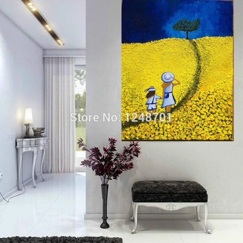 

Handpainted cartoon oil painting sisters in the dream flower road Painting thick textured Painting on canvas for home decoration