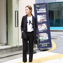 Осенняя мода, корейский двубортный костюм из двух частей для женщин, подходит ко всему, женский темперамент, чистый цвет, Женский костюм черного цвета