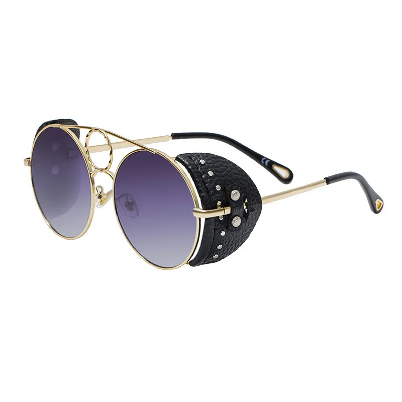 Ретро Круглые Солнцезащитные очки в стиле стимпанк женские мужские итальянские брендовые дизайнерские солнцезащитные очки из искусственной кожи с заклепками двойные металлические очки UV400 - Цвет линз: gradual gray