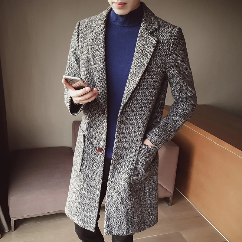 

Winter Wholesale ,Fashion Men's Long Casual Jackets ,Fashion Slim Two Buttoned Wool Jacket, High Quality Teen Lapel Trench Coat