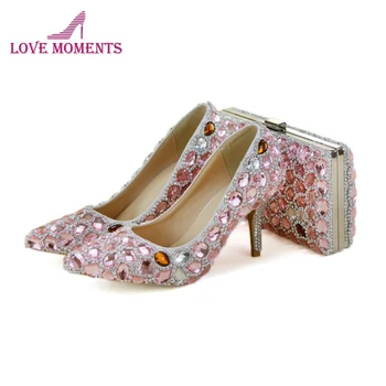 

Sweet Pink Crystal Adult Ceremony Shoes with Matching Bag Set Girl Birthday Party Prom Shoes Pointed Toe Lady High Heels