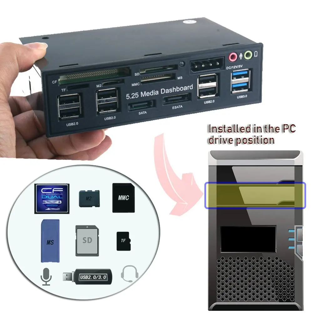 5,25 дюймов PC многофункциональная Панель для приборной панели, с SATA e-SATA Dual USB 3,0 6 портами USB 2,0 аудио портами и