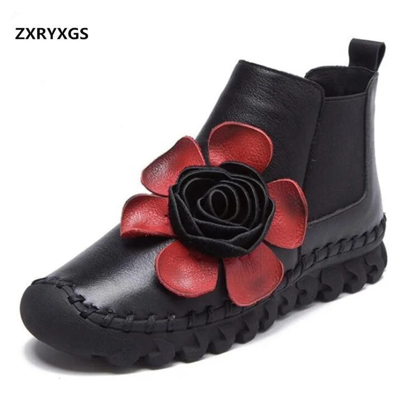 

2018 Winter New Elegant Flower Genuine Leather Boots Women Flats Comfortable Ankle Boots Soft Non-slip Fashion Shoes Women Boots