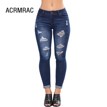 

Women denim blue Slim Hole Mid waist summer Pencil pants Skinny jeans Woman