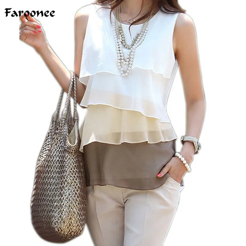 

2019 New Women Casual Blouses Sleeveless Neck Flounce Tiered Chiffon Shirt Blusas Femininas Plus Size 2XL