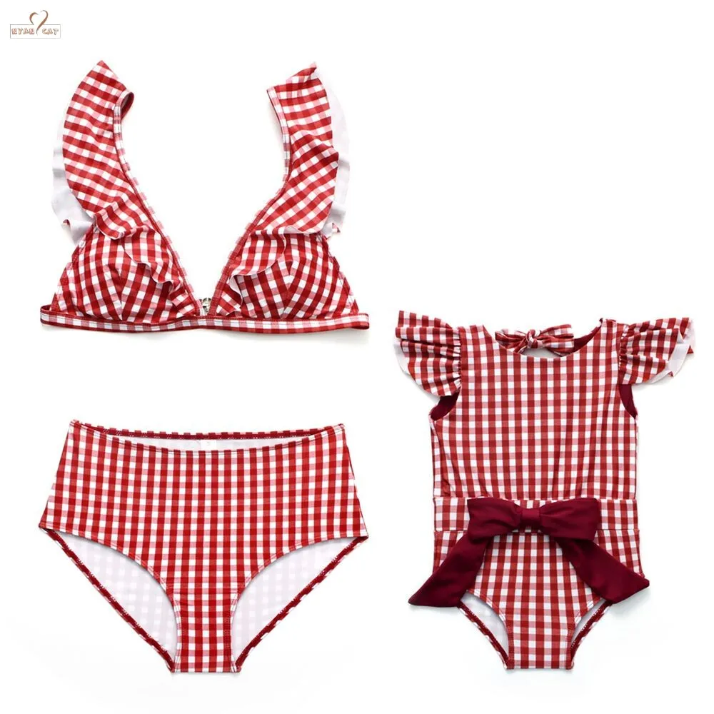

Family Lattice Swimsuit Lady Swimwear Kids Baby Girl Bikini One Piece Bathing Suit Children Beachwear Mother Daughter Swimwear