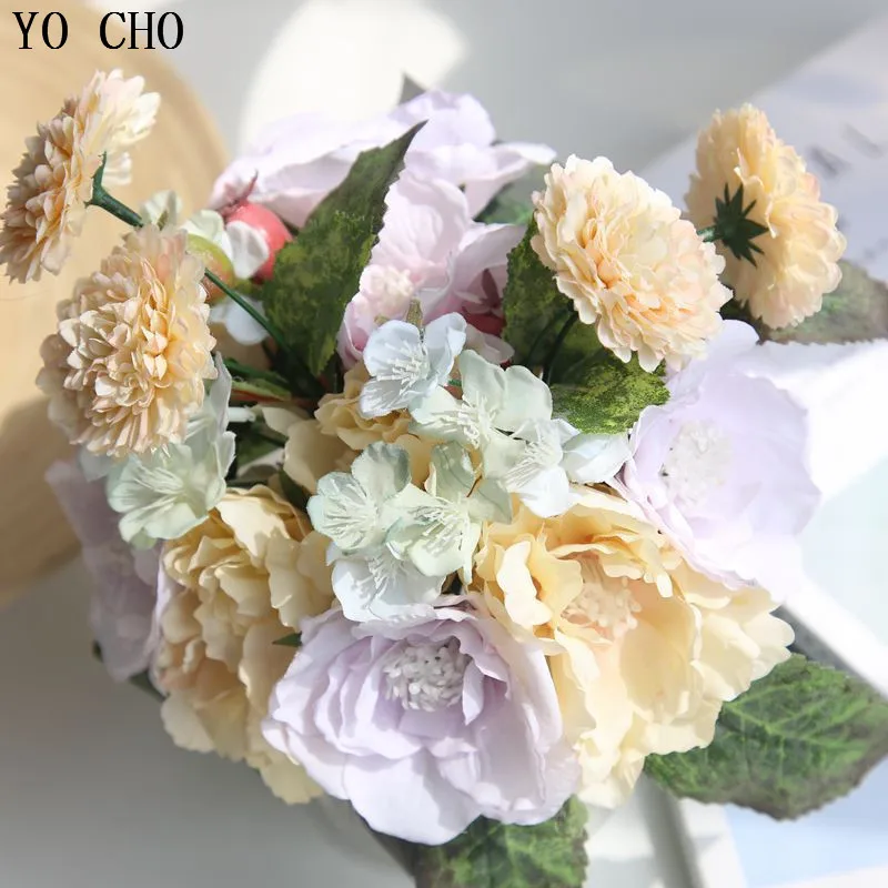 YO CHO Artificial Flowers High Quality Tea Rose Bouquet For Wedding Decoration Fake Flowers Home Balcony DIY Decor Silk Flowers