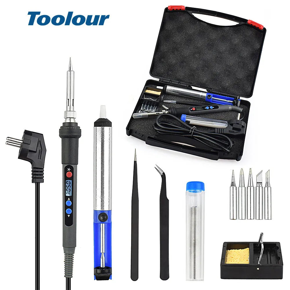 

Toolour US/EU 110V/220V 90W Soldering Iron Kit with Tweezers Desoldering pump Tip Tin Wire Iron Frame For Repairing Welding Tool