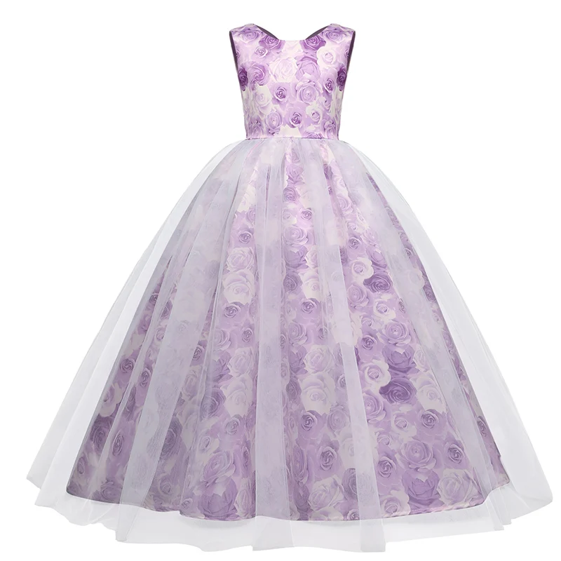 Новинка года; Детские платья для девочек; длинное фиолетовое платье из тюля с принтом; вечерняя одежда для девочек; платье с цветочным узором для девочек на свадьбу; Vestidos - Цвет: Purple