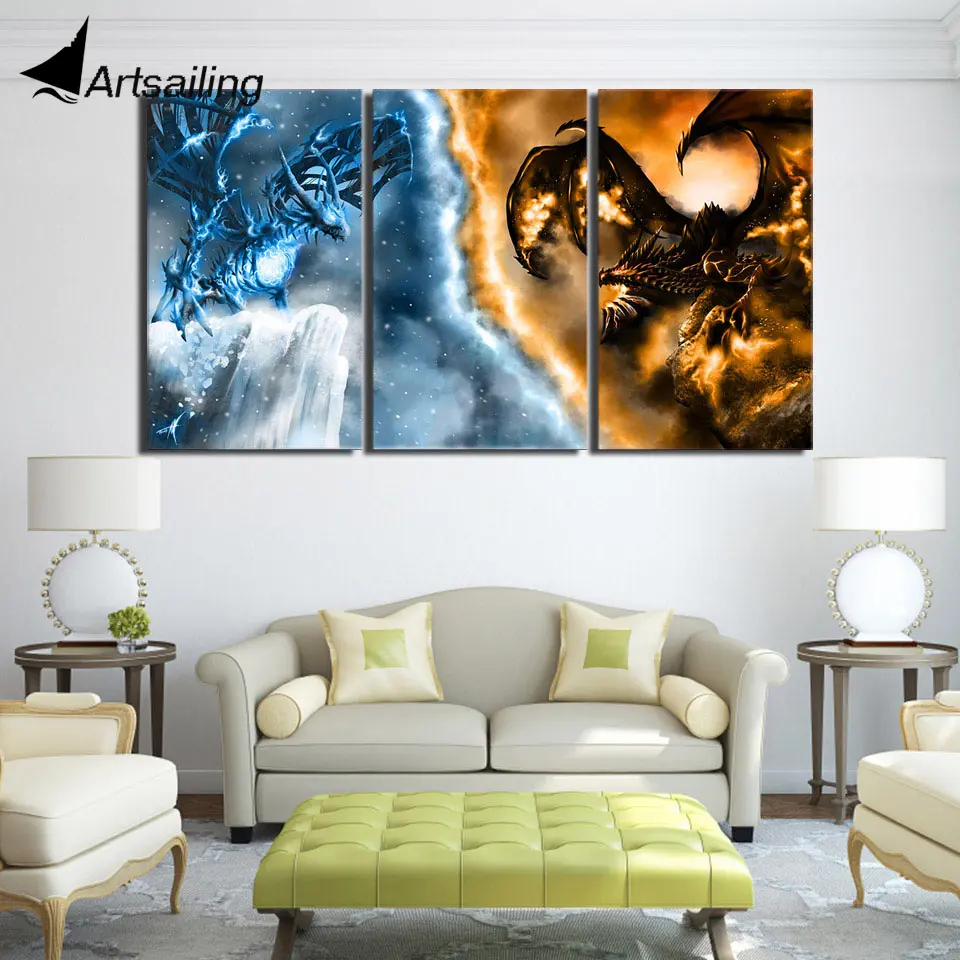 

ArtSailing 3 piece canvas art HD print ice dragon and fiery dragon painting paintings for living room free shipping UP-1571D