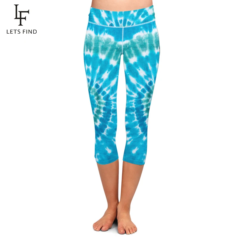 LETSFIND New Women Stretch Capri Pants Blue Tie-dye Print High Waist Mid-Calf Casual Fitness Leggings Plus Size LETSFIND New Women Stretch Capri Pants Blue Tie-dye Print High Waist Mid-Calf Casual Fitness Leggings Plus Size
