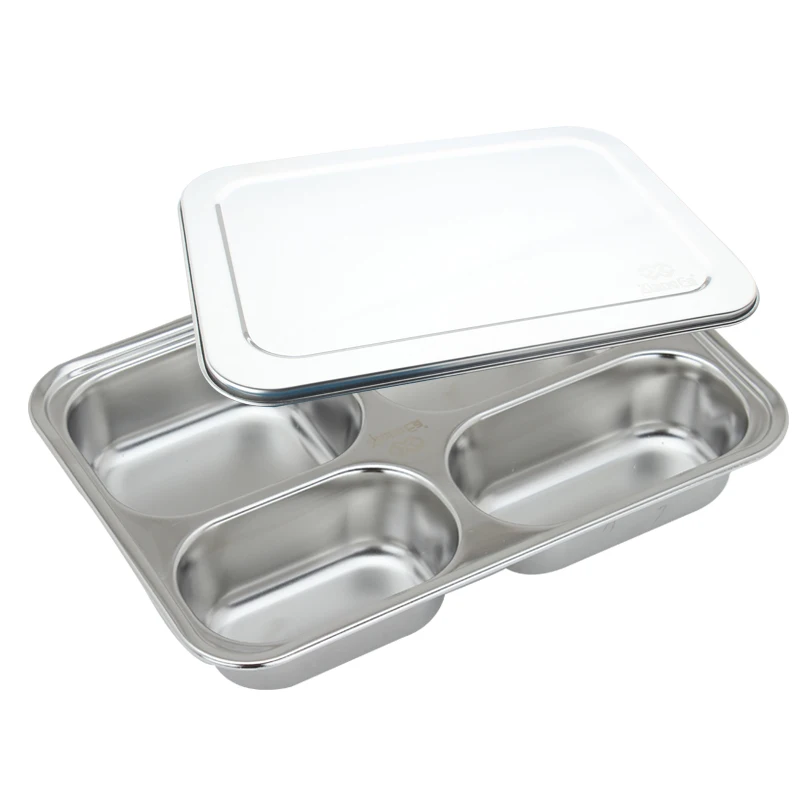 Stainless Steel Divided Plate Lunch Box Food Tray with Cover Restaurant