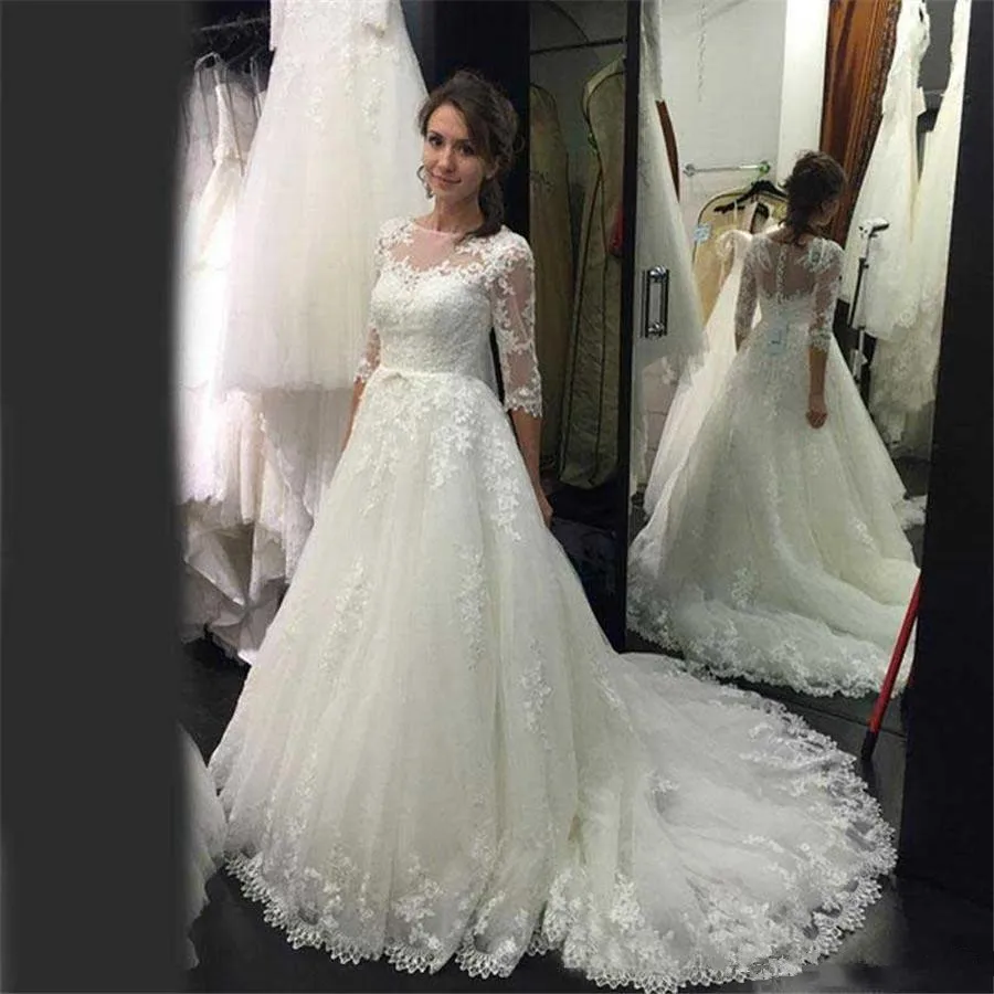 Vintage 2017 Nova Lace A Line Wedding Dresses 3 4 Sleeves vestido de noiva Sheer Neck Modest Bridal Gowns Country Wedding Gowns