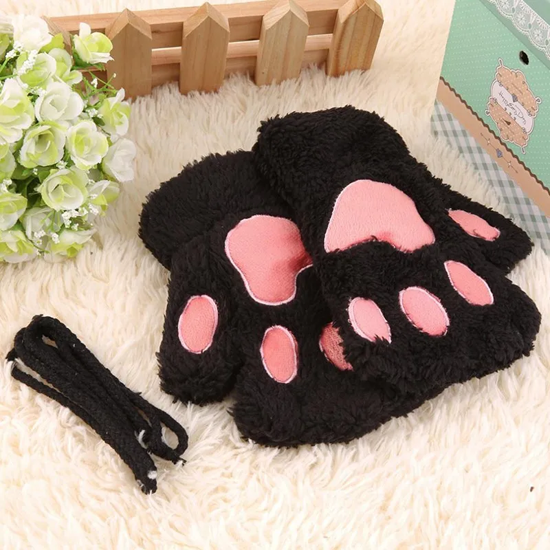 

Winter Women's Gloves Keep Warm Cute Fluffy Bear Plush Paw Glove Girl Novelty Soft Half Covered Mittens Gloves