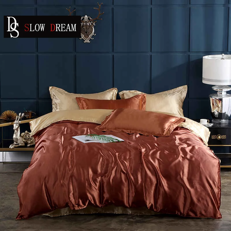 

SLOWDREAM Coffe And Camel Bedding Set Pure Satin Silk Bedspread Flat Sheet Pillowcase Double Duvet Cover Set Decor Home Adult