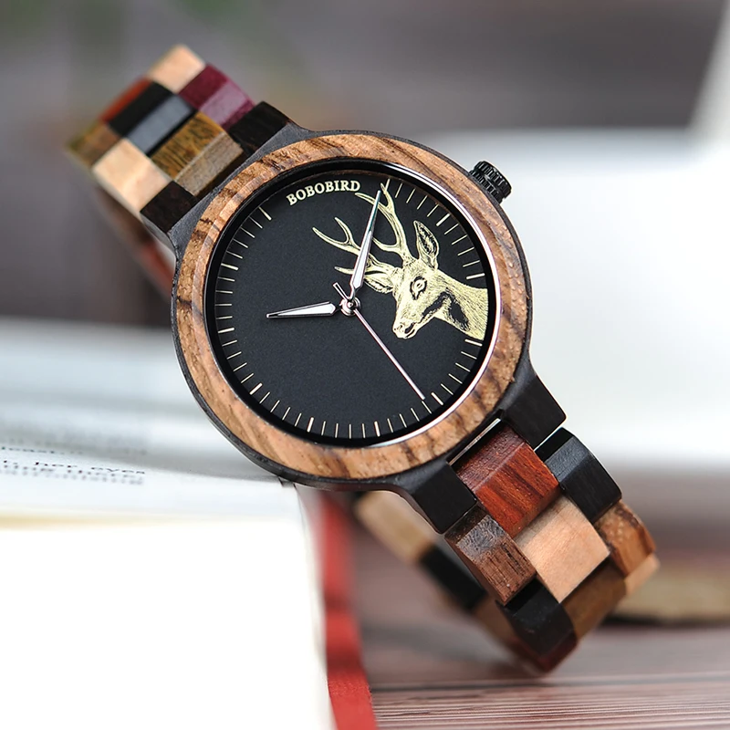 BOBO BIRD P14 Lover's Wood Watches Colorful Wood Band Dear Head Watch Dial Men Women Quartz Watches