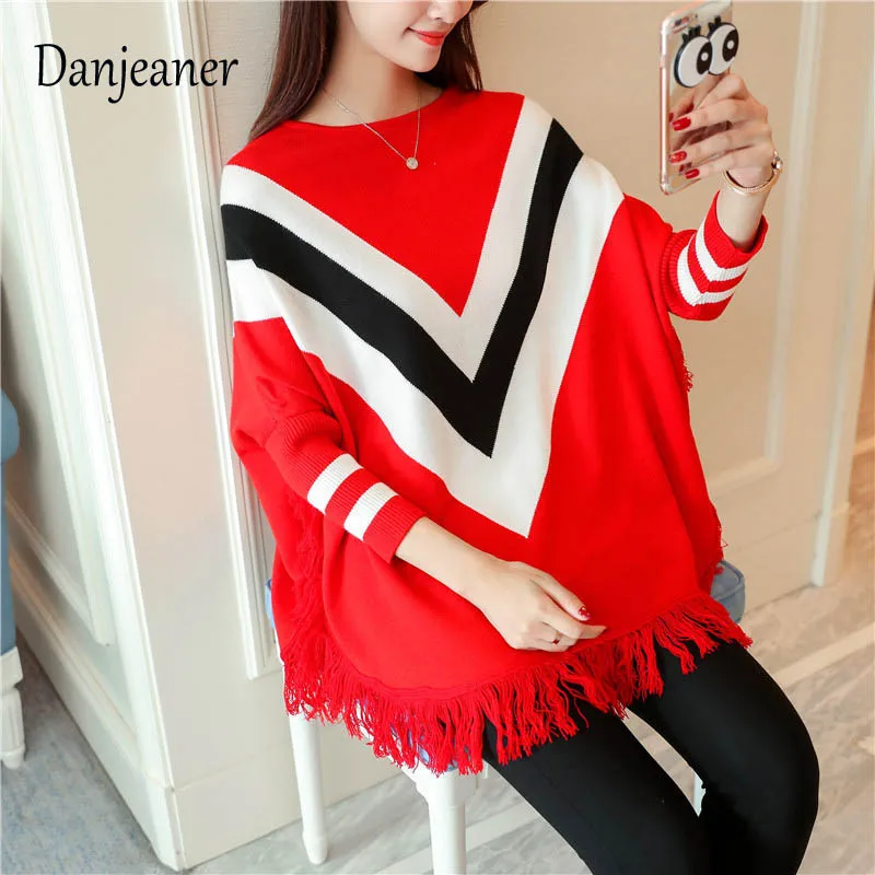 Danjeaner осень-зима большой Размеры полосатый Вязание Модные пуловеры Корейская утепленная куртка летучая мышь Плащ шаль свитер с кисточками - Цвет: red