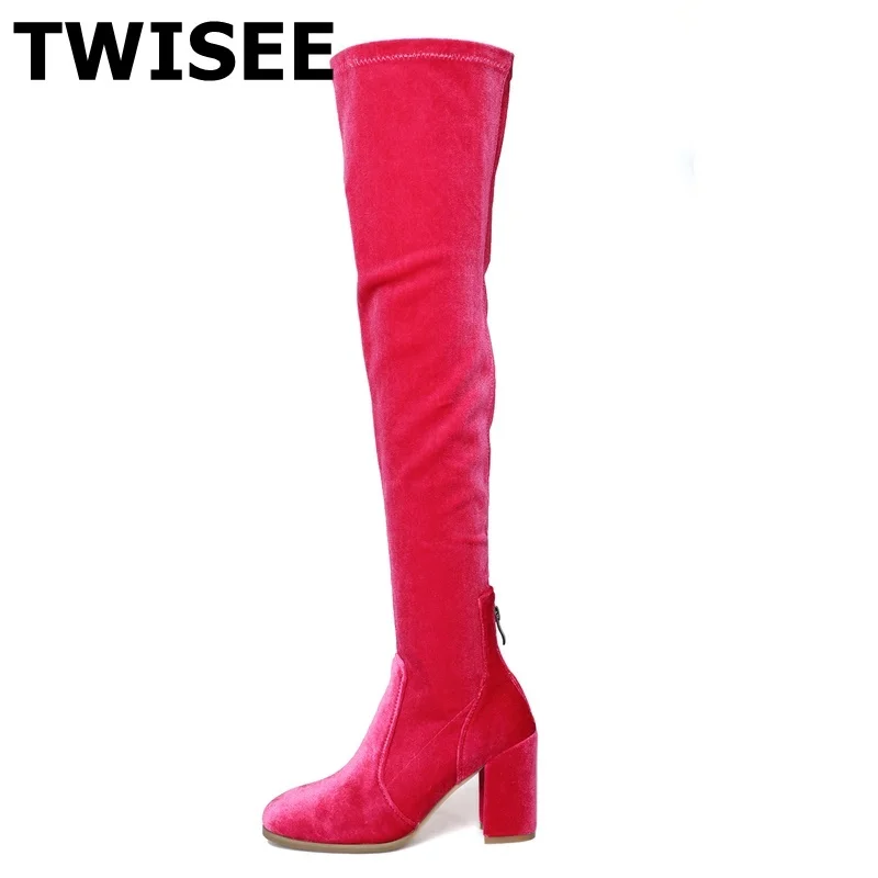 

spring autumn winter summer shgoes platform high heels 8cm velvet boots for woman over the knee high Stretch Square Toe boots
