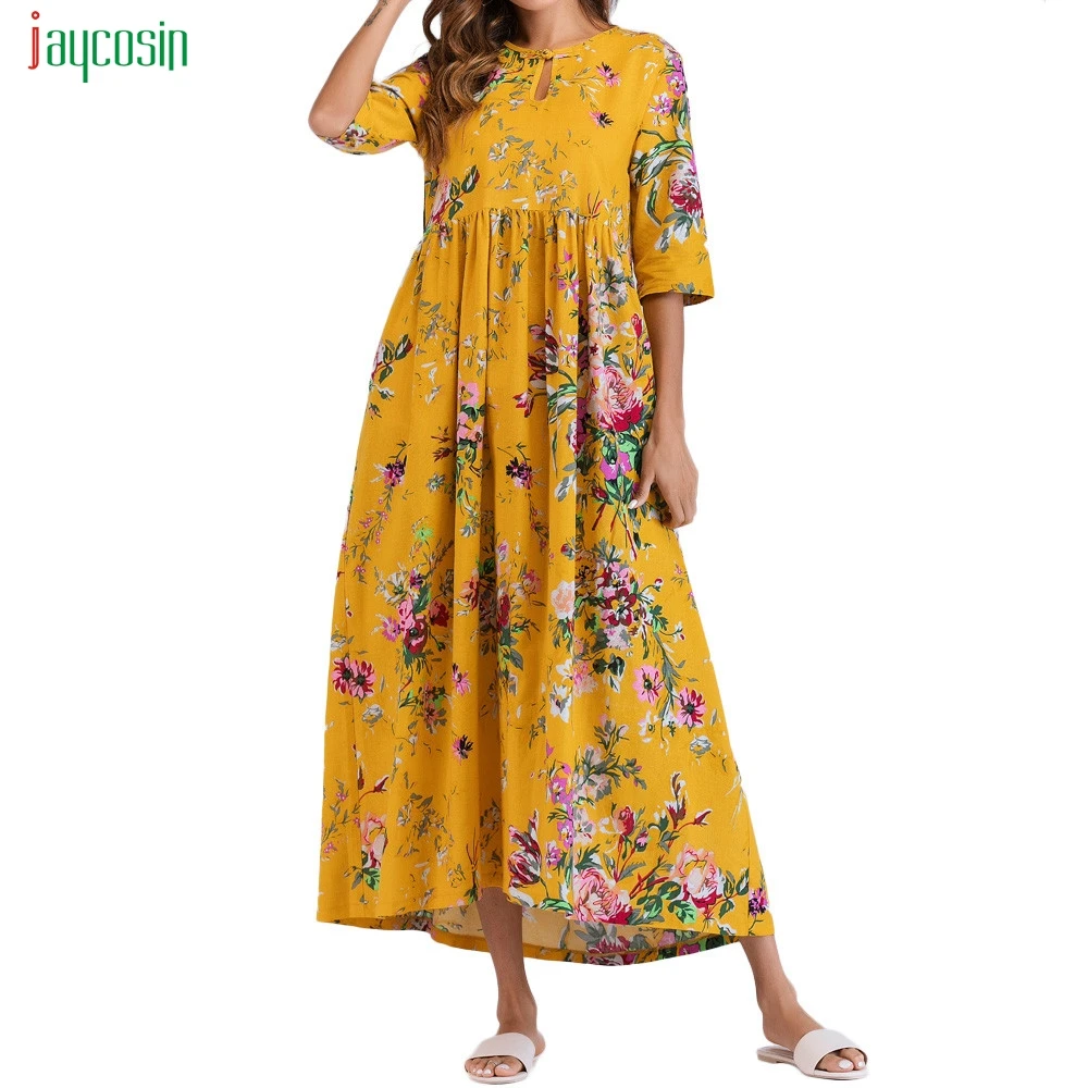 

Jaycosin Women's Plus Size Loose Floral Bohe Long Dress Kaftan Style Ruched Half Sleeve Yeleow For Women Vestidos De Festa New