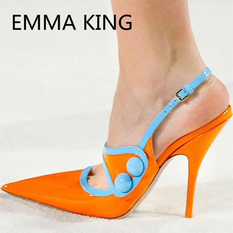 

2019 Orange Ankle Buckle Strap Gladiator Pumps Women Spring Summer Party Dress Slingback Shoes Woman Runway Sexy High Heels Pump