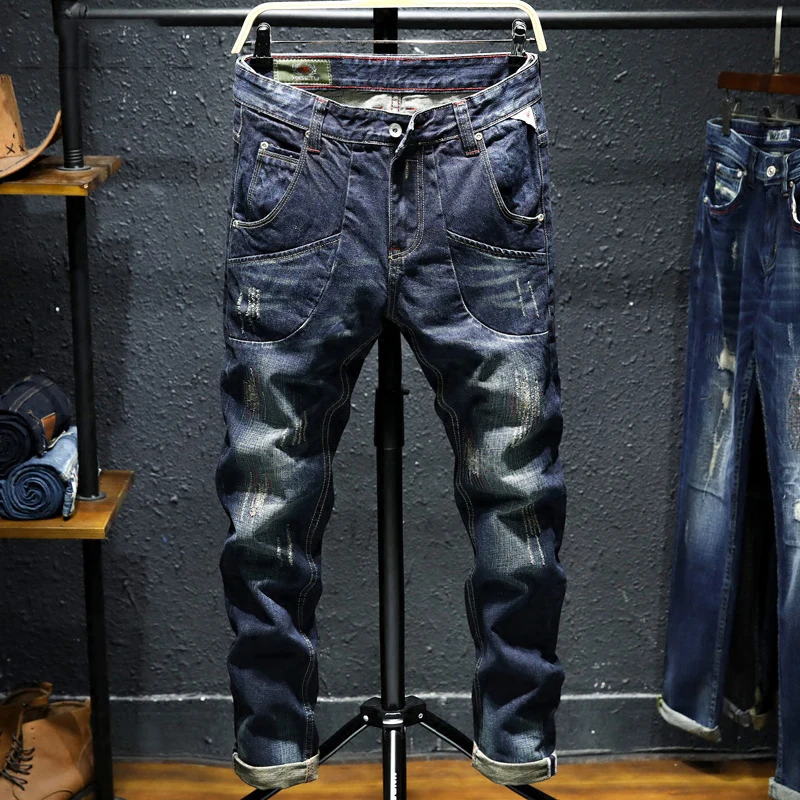 2018 Autumn Winter Fashion Men Jeans Vintage Design Destroyed Ripped Jeans For Men Big Pocket Cargo Pants Slim Fit Punk Jeans 2018 Autumn Winter Fashion Men Jeans Vintage Design Destroyed Ripped Jeans For Men Big Pocket Cargo Pants Slim Fit Punk Jeans