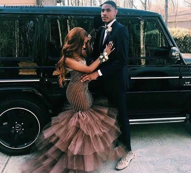 Gorgeous Afrian Couple Fashion Mermaid Prom Dresses Layer Ruffles Beadings Appliqued Sweetheart Long Black Girl Party Evening Gowns BC1699  199 (4)