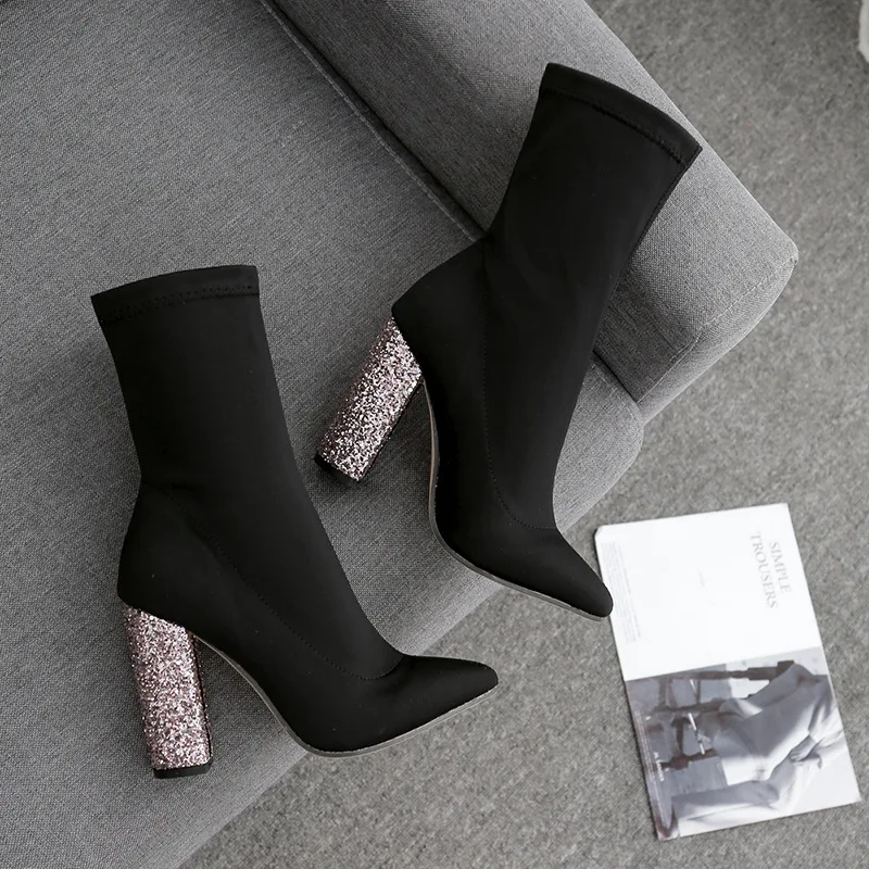 

European Brand Crystal Boots Women Bling Bling Glitter Sock Boots Stretch Booties Chunky High Heel Ankle Botas Shoes Winter 2018