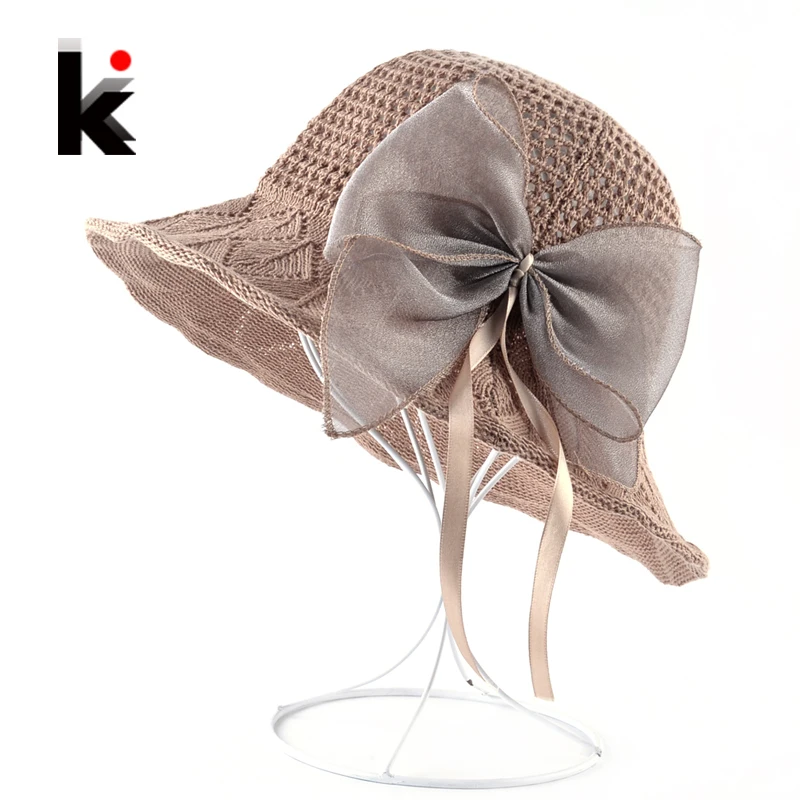 2018 الصيف قبعة للشاطئ للنساء المضادة للأشعة فوق البنفسجية قبعة واقية من الشمس السيدات الحلو القوس-العقدة نمط قبعات من الألياف المجدولة الإنا...