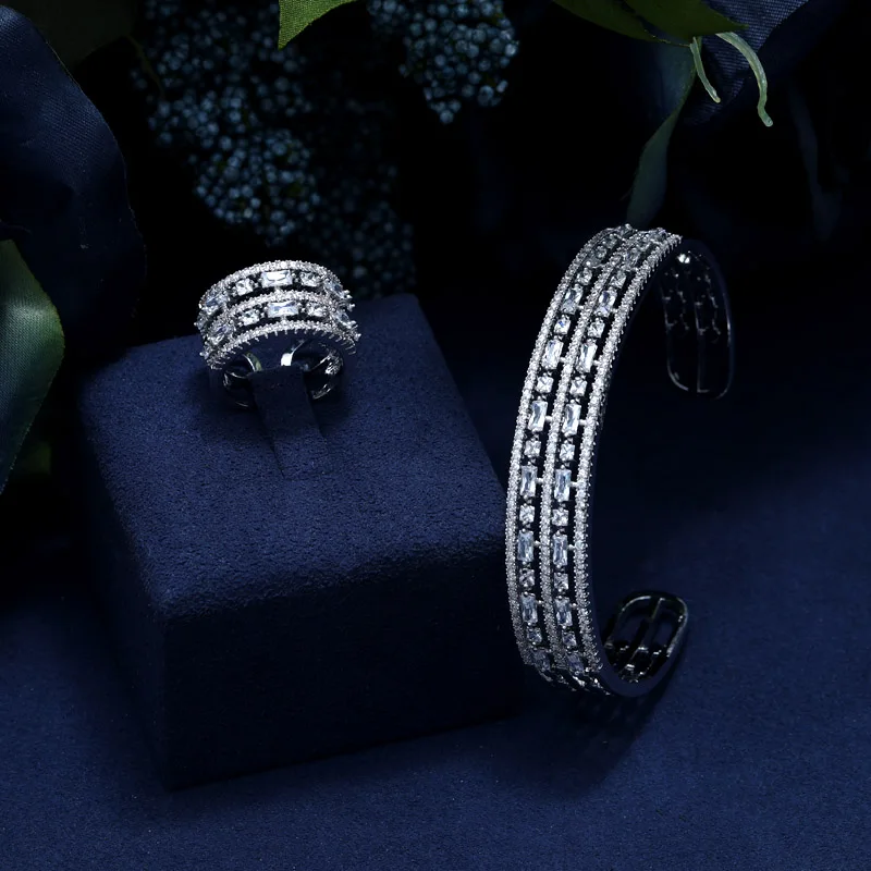

3 Color New Arrival Fashion Luxury Shiny AAA Cubic Zirconia Women Cuff Bracelets Bangle And Ring Set