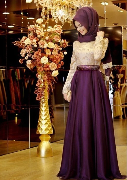 2017 Muslim Evening Dresses A line Long Sleeves Lace font b Hijab b font Islamic Dubai