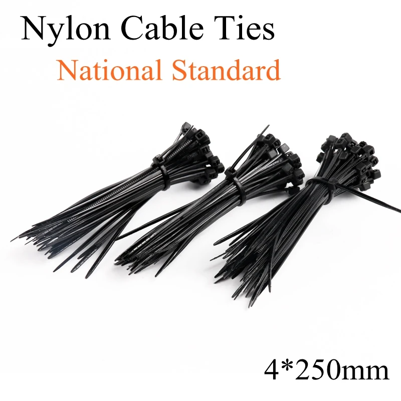 250Pcs/pack 4*250mm high quality width 3.6mm Black color National Standard Self-locking Plastic Nylon Cable Ties Wire Zip Tie |