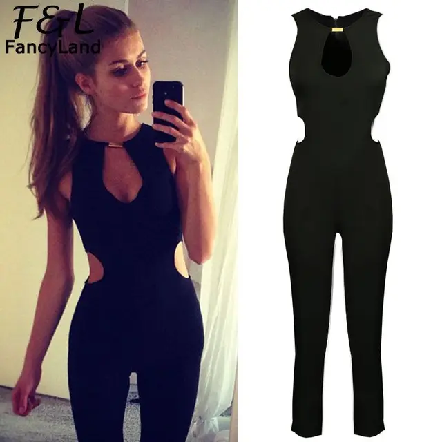 Alishebuy Rompers Womens Jumpsuit 2018 Hollow Out High Waist Cut Out Pockets Back Zipper Sleeveless O Neck Solid Slim Jumpsuits