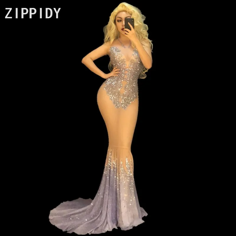 

2019 модные блестящие стразы Прозрачное платье Вечеринка праздничное платье бар для женщин певица костюм Длинные Сетчатое платье YOUDU