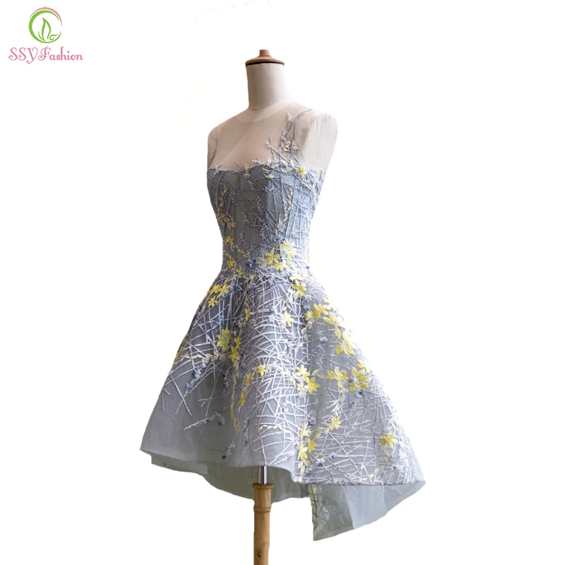 Женское кружевное коктейльное платье SSYFashion элегантное асимметричное короткое