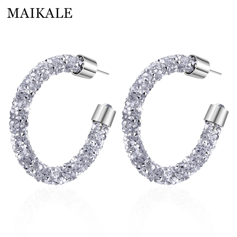 

MAIKALE Large C Shape Hoop Earrings for Girls Austrian Crystal Silver Fashion Jewelry Shiny Rhineston Round Earrings For Women