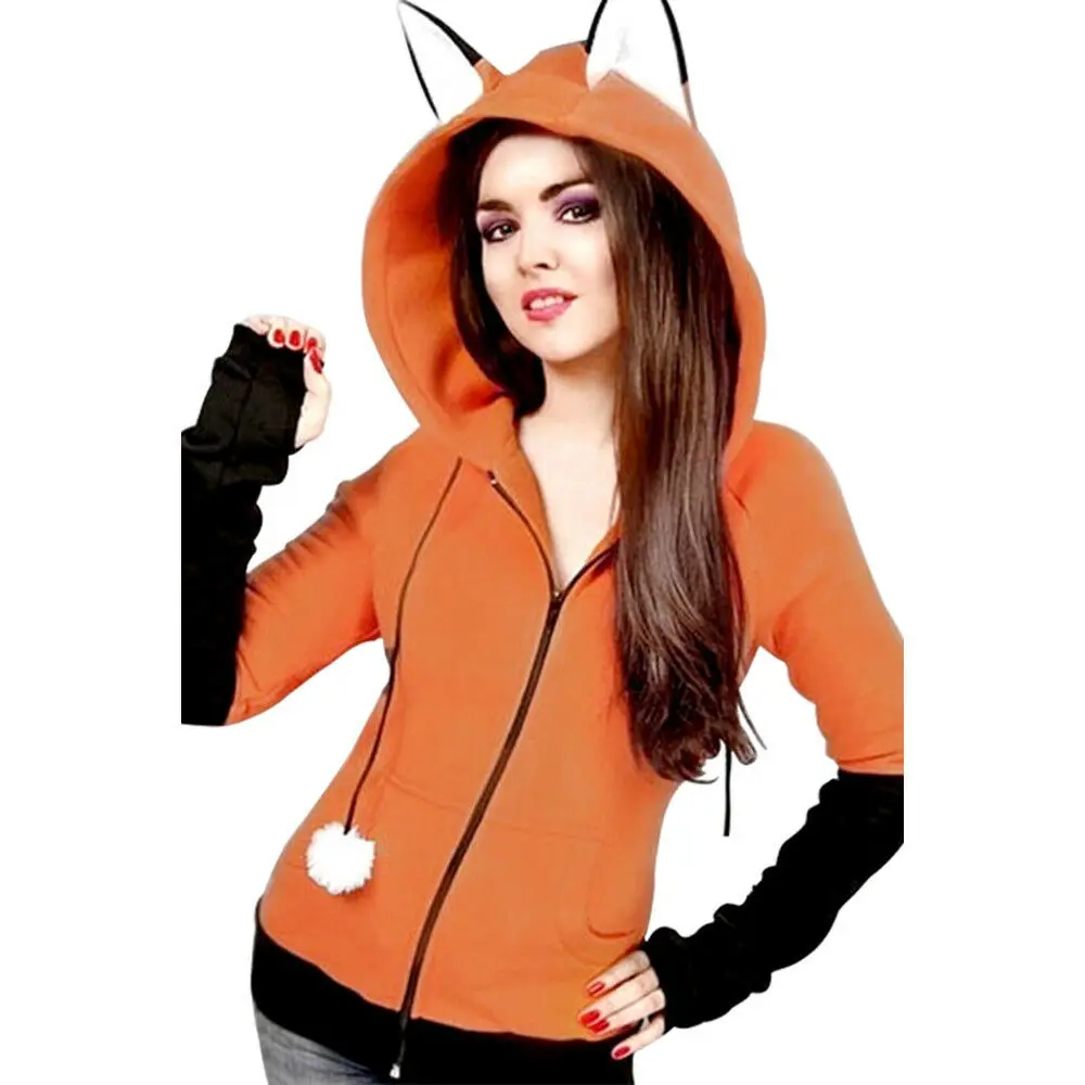 

Anime Fox Orelhas Ears Cosplay Hoodie Zipper Jacket Sweatshirt Halloween Party Orange Coat