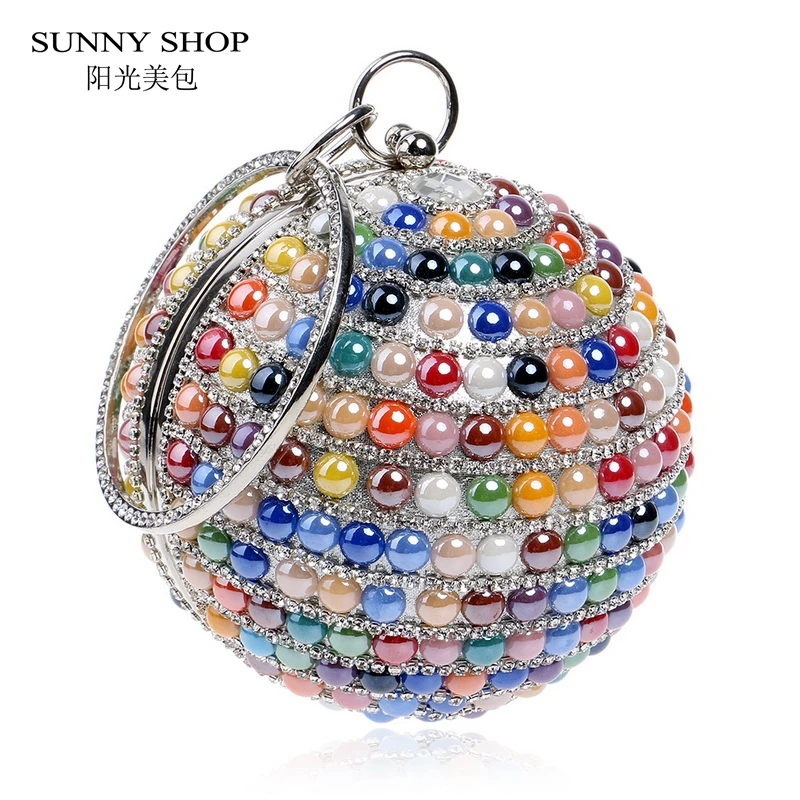 

SUNNY SHOP Boho Chain Circular Pearl Evening Bag High Quality Bling Multicolor Party Sling Bag Mini Wristlets Cocktail Party Bag