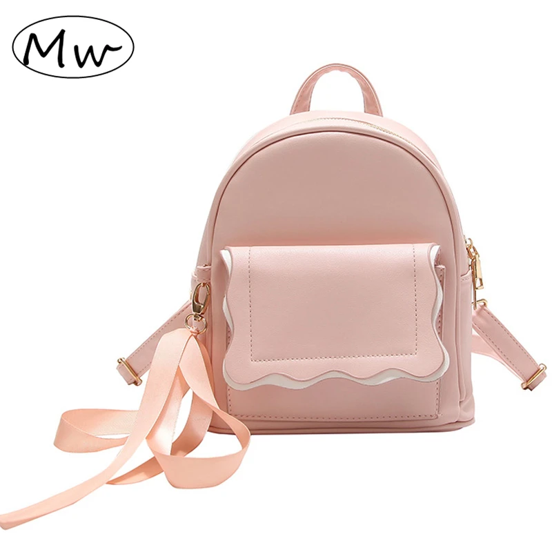 

Moon Wood Sweet Pink Backpack With Long Ribbons Female Small Backpack PU Leather Women Girls Shoulder Bag Students School Bag