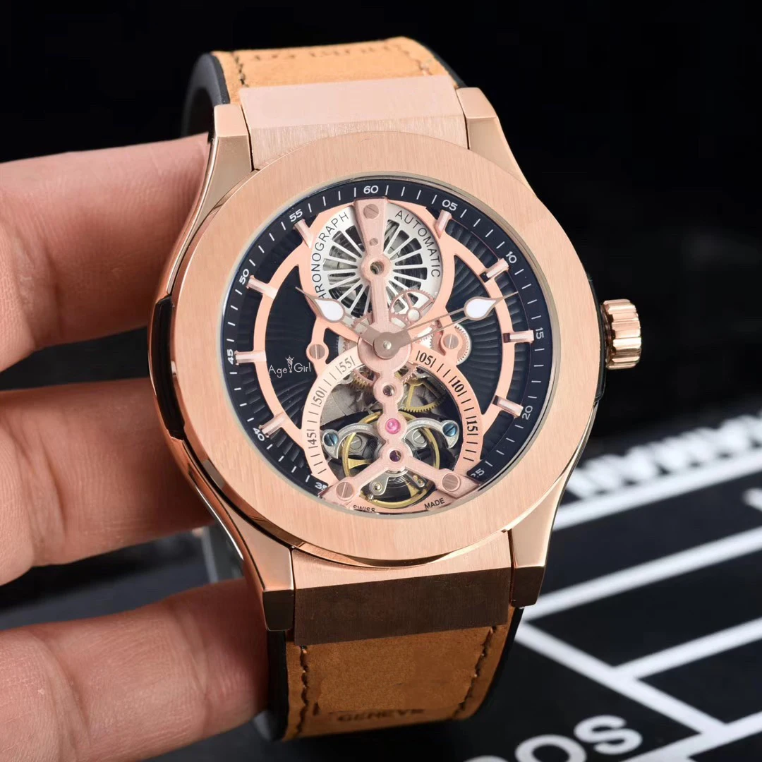 

Luxury Brand New Men Silver Black Rose Gold Automatic Mechanical Sapphire Tourbillion Rubber Leather Watches Waterproof Sport