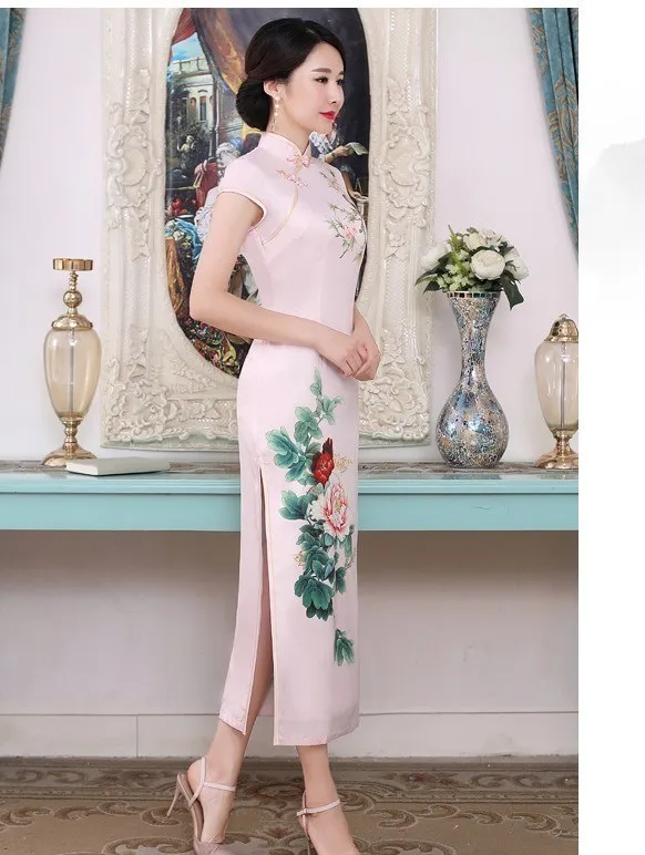 Шэн Коко Восточный халат Chinois Qipao платья для женщин сливы филиал шаблон печати Cheongsam Элегантные Длинные атласное платье плюс размеры