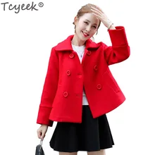 Tcyeek осень и зима шерстяное пальто Короткий воротник женские куртки тонкий двубортный верхняя одежда красный плюс размеры 2XL YYJ356