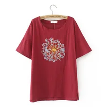 Большие размеры, темно-синяя, розовая и красная хлопковая льняная женская футболка, женская летняя футболка, вышитые футболки с коротким рукавом femme