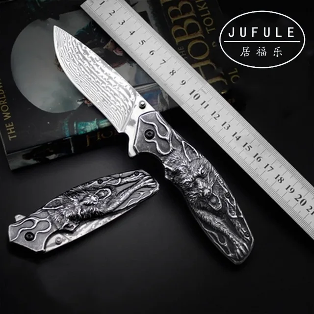 JUFULE Original design Vargr Real Damascus steel folding camp hunt