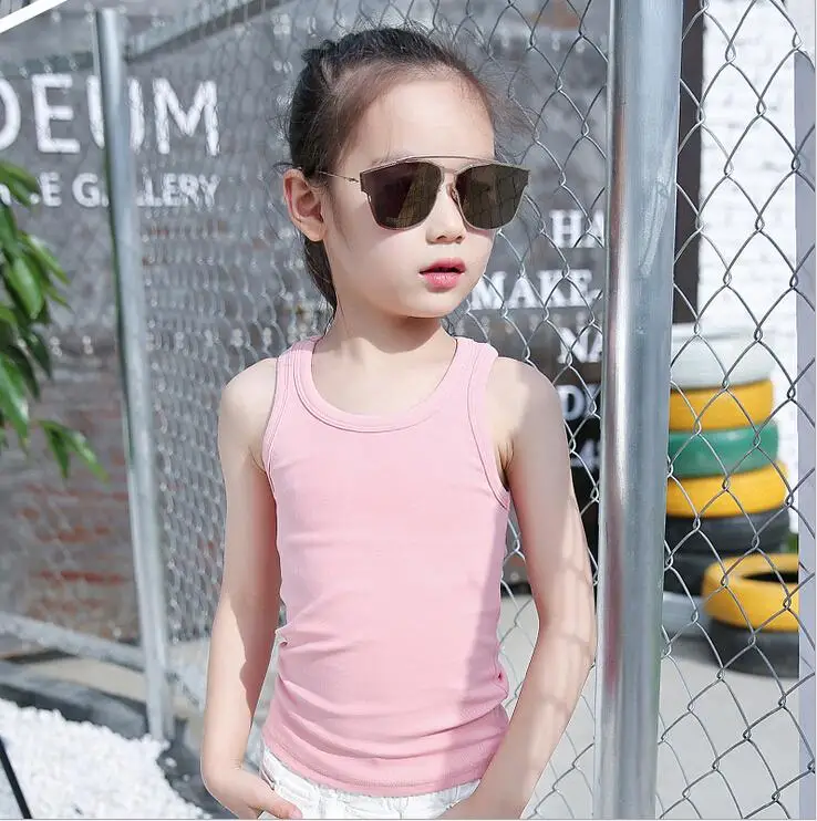 Новинка года, летняя белая футболка без рукавов с круглым воротником для девочек детские повседневные топы, хлопковый жилет унисекс с тонкими лямками - Цвет: pink