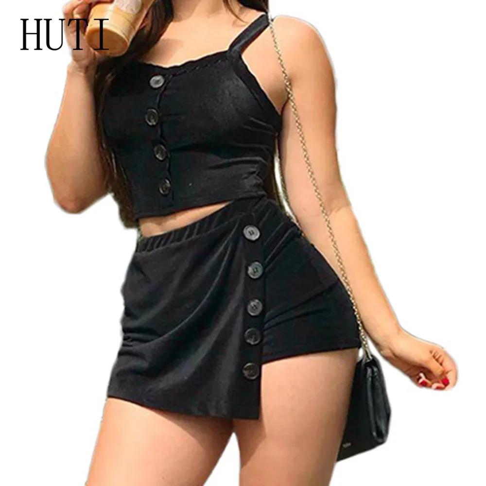 

HUTI Beautiful Korean Velvet 2 Pieces Sets Button Jumpsuit Sexy Spaghetti Strap Sleeveless Hollow Out Women Elegant Playsuits
